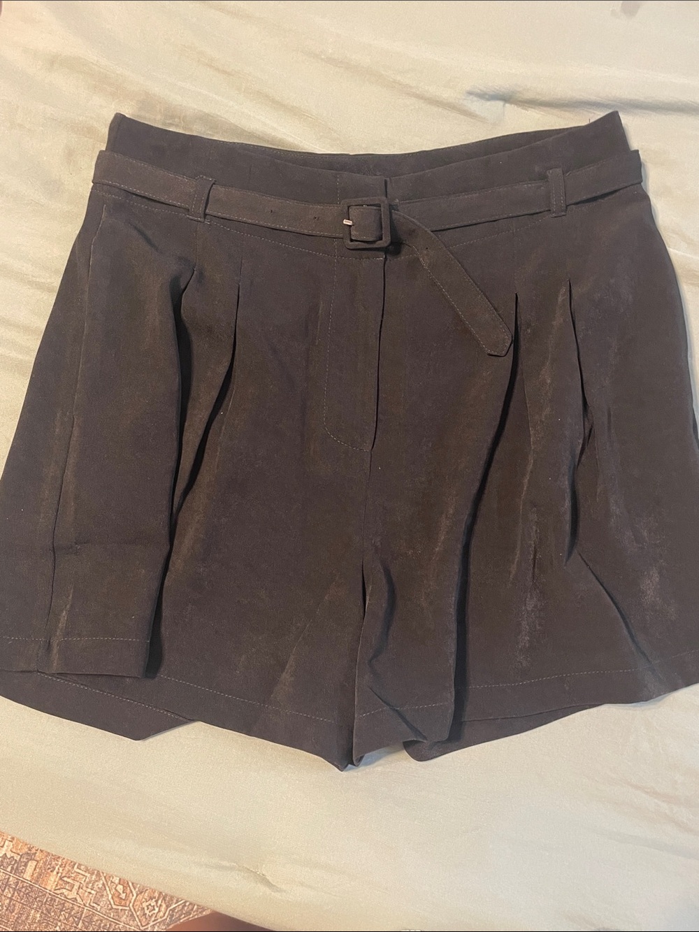 Sage Black High-Waist Pleated Belted Shorts